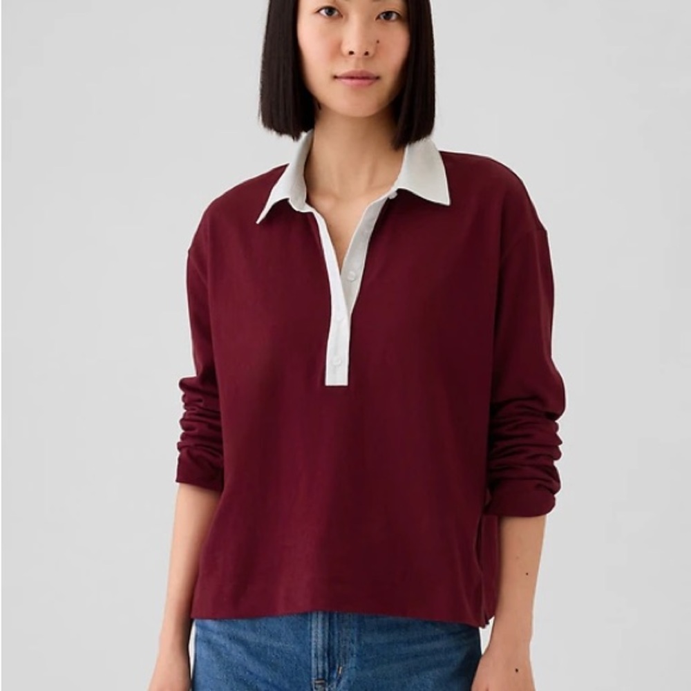 GAP Burgundy Cropped Rugby Polo Shirt White Collar Preppy Fall Top Small - Picture 3 of 9